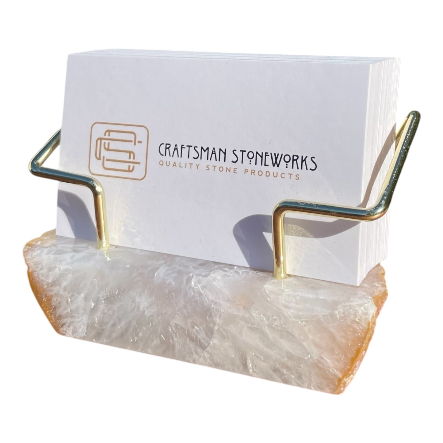 Natural agate business card holder with gold wire frame