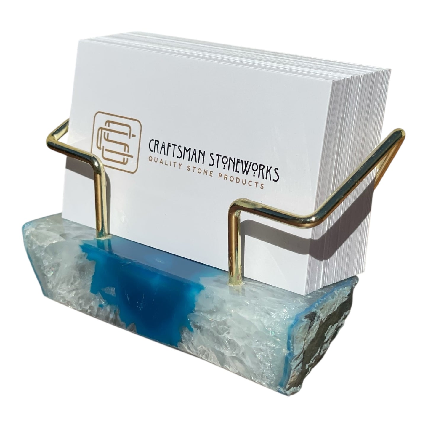 Teal Agate Business Card Holder - Gold Wire Frame
