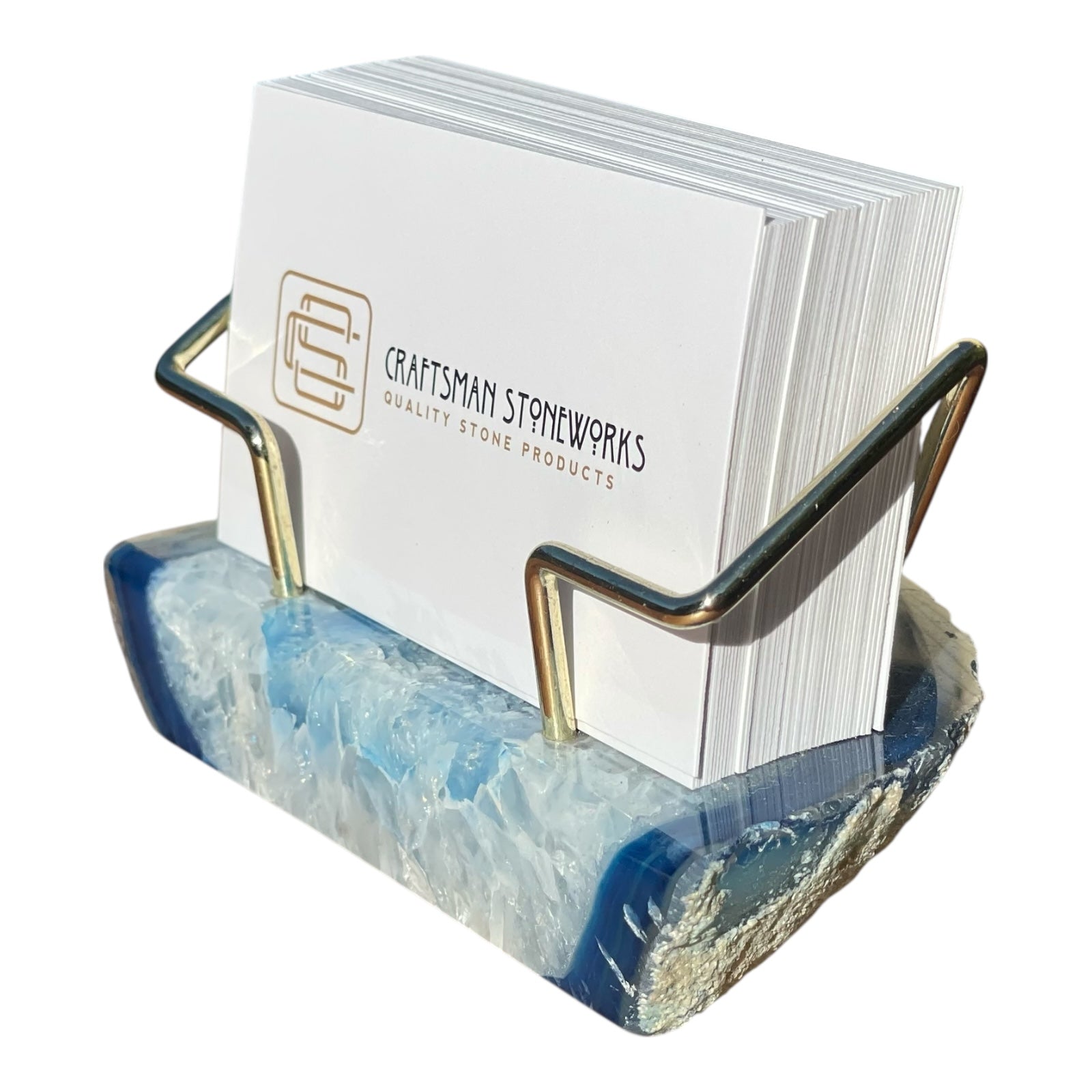 Blue agate business card holder with gold wire frame