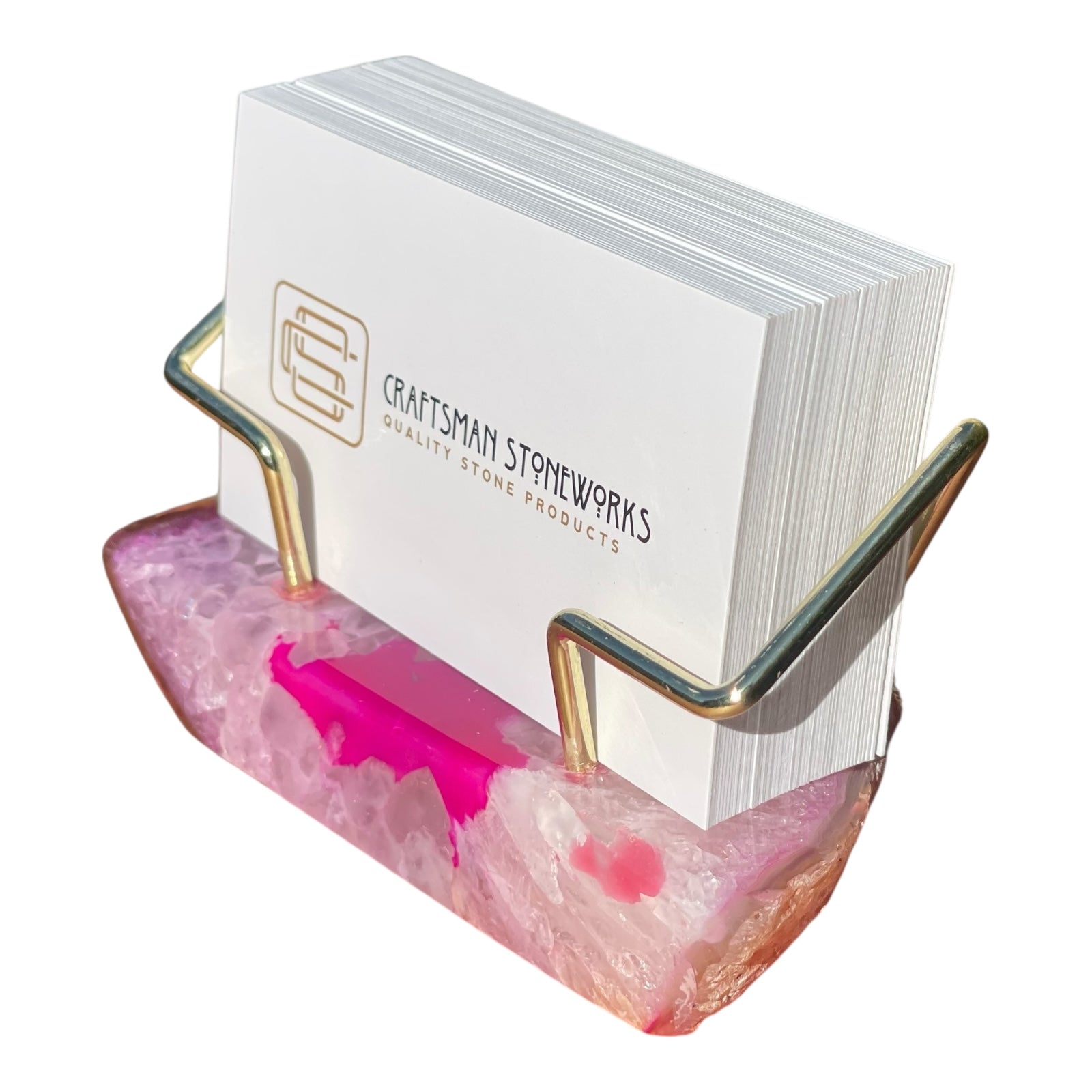 Pink agate business card holder with gold wire frame