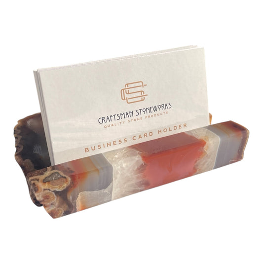 Handcrafted red Brazilian agate business card holder, natural stone desk accessory