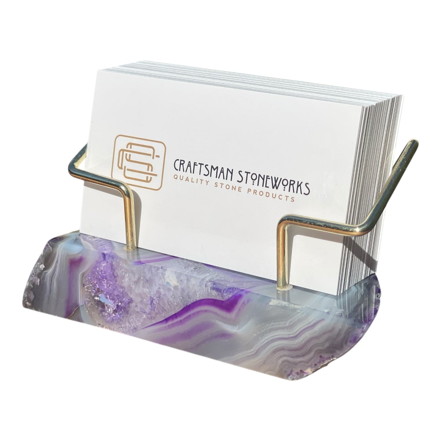 Purple agate business card holder with gold wire frame