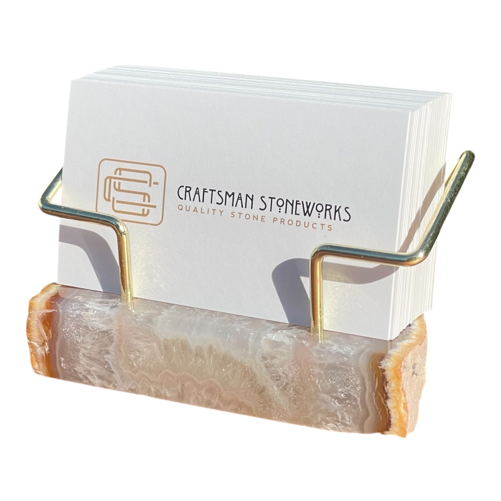 Natural agate business card holder with gold wire frame