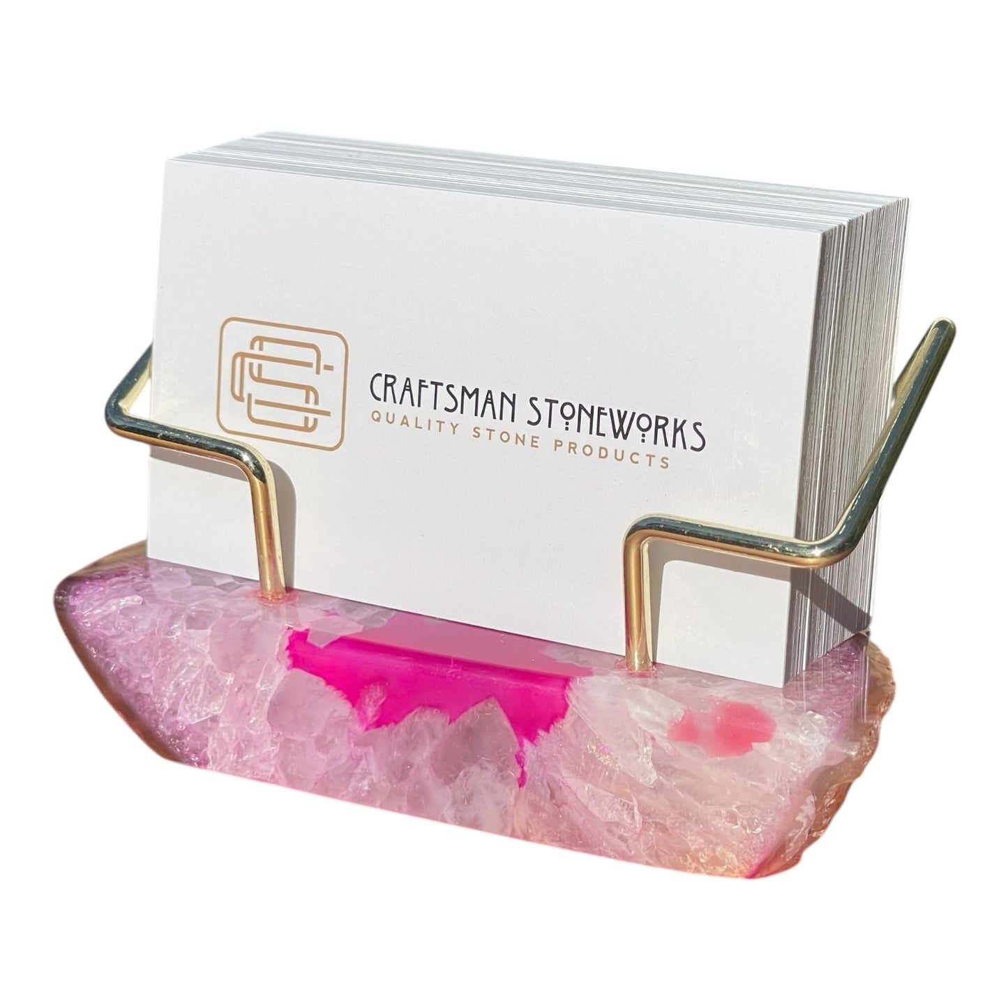 Pink agate business card holder with gold wire frame
