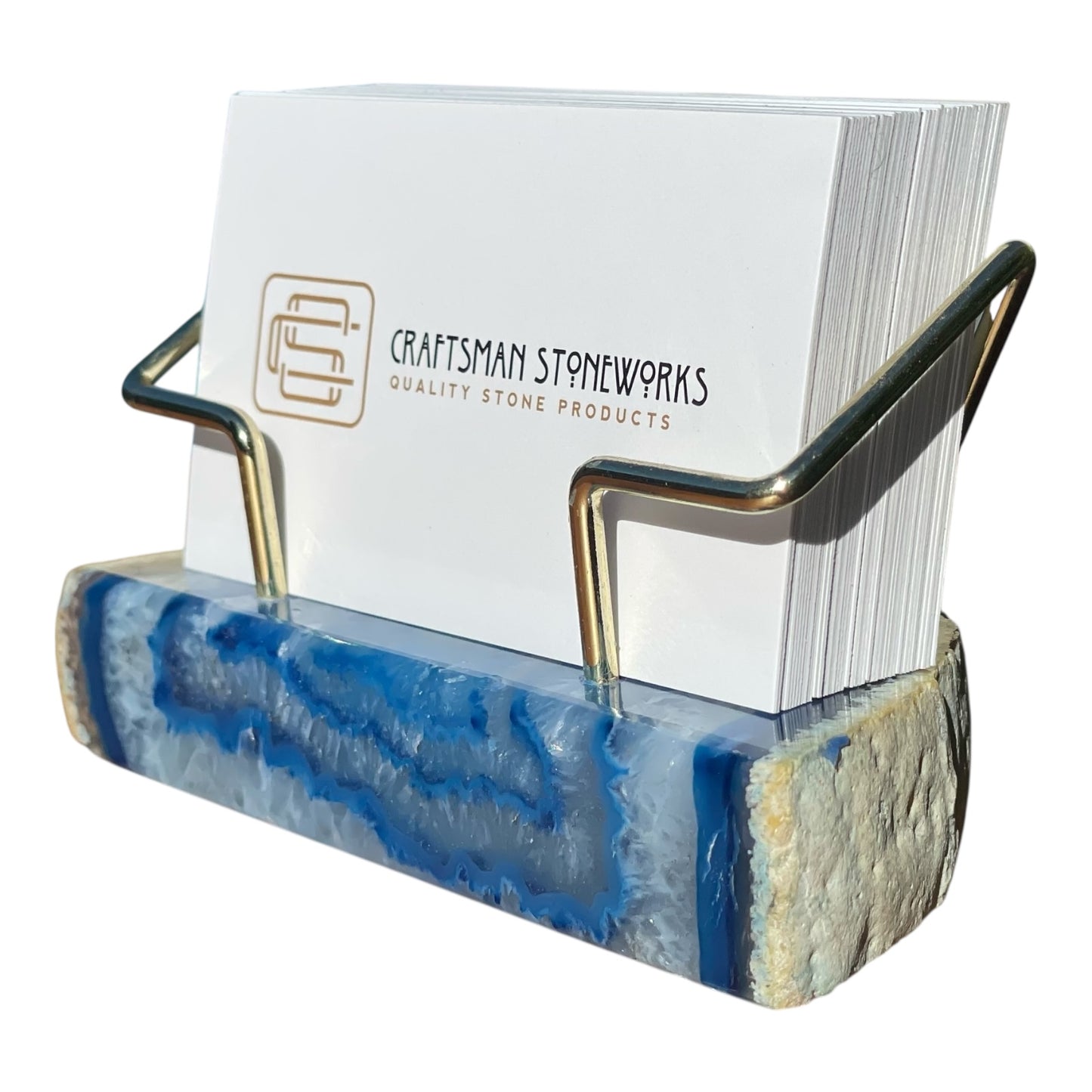 Blue agate business card holder with gold wire frame