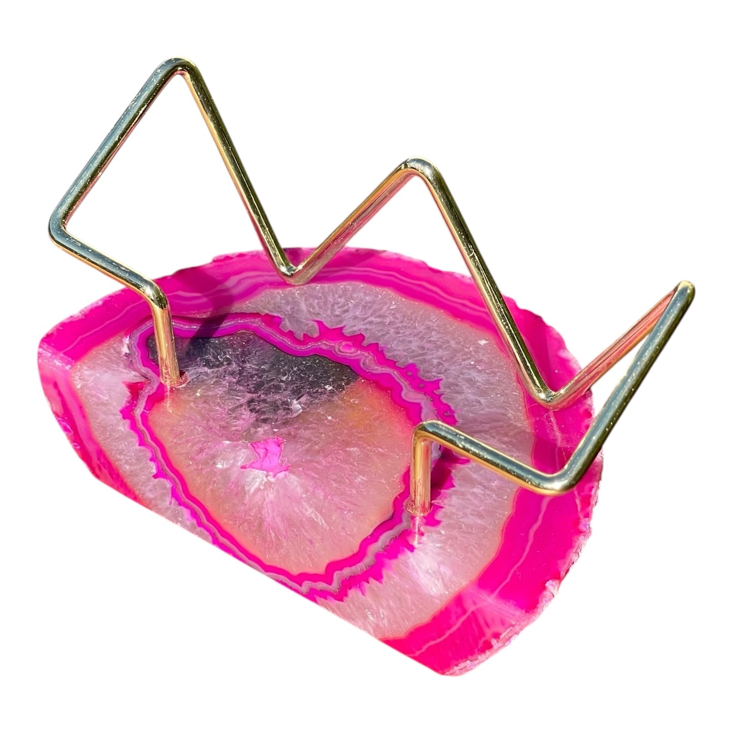 Pink Agate Business Card Holder - Gold Wire Frame