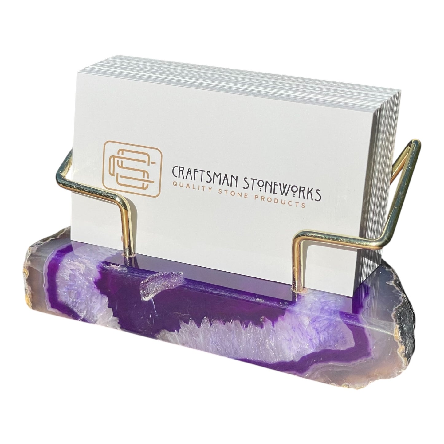 Purple agate business card holder with gold wire frame