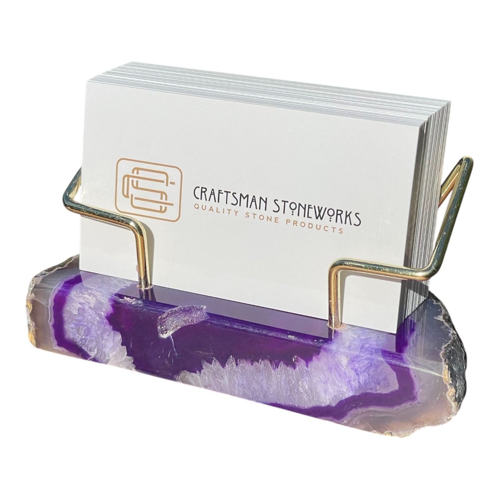 Purple agate business card holder with gold wire frame