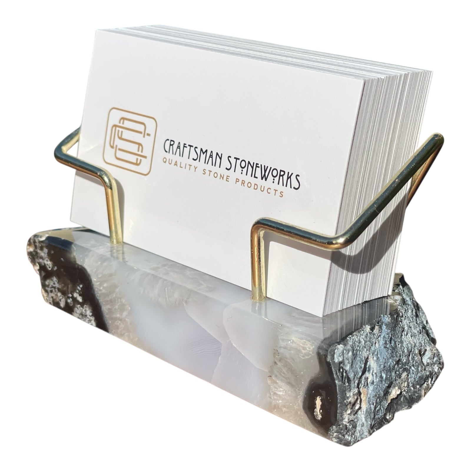 Black agate business card holder with gold wire frame
