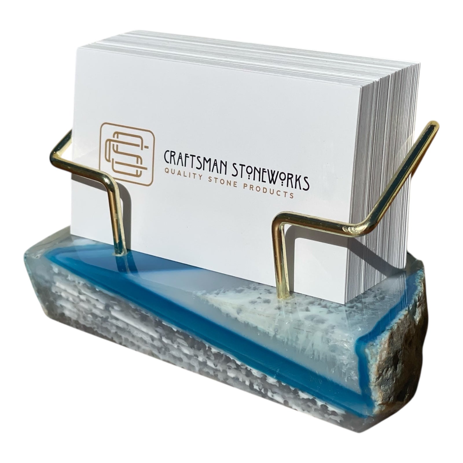 Teal agate business card holder with gold wire frame