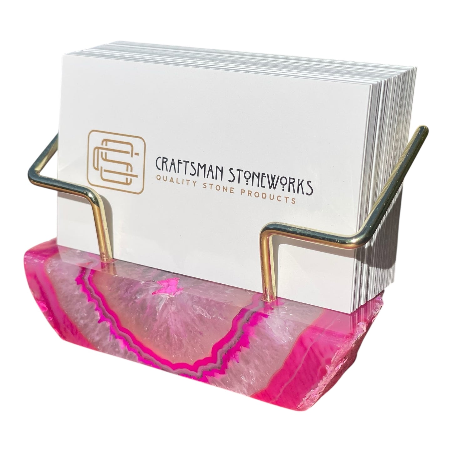 Pink Agate Business Card Holder - Gold Wire Frame