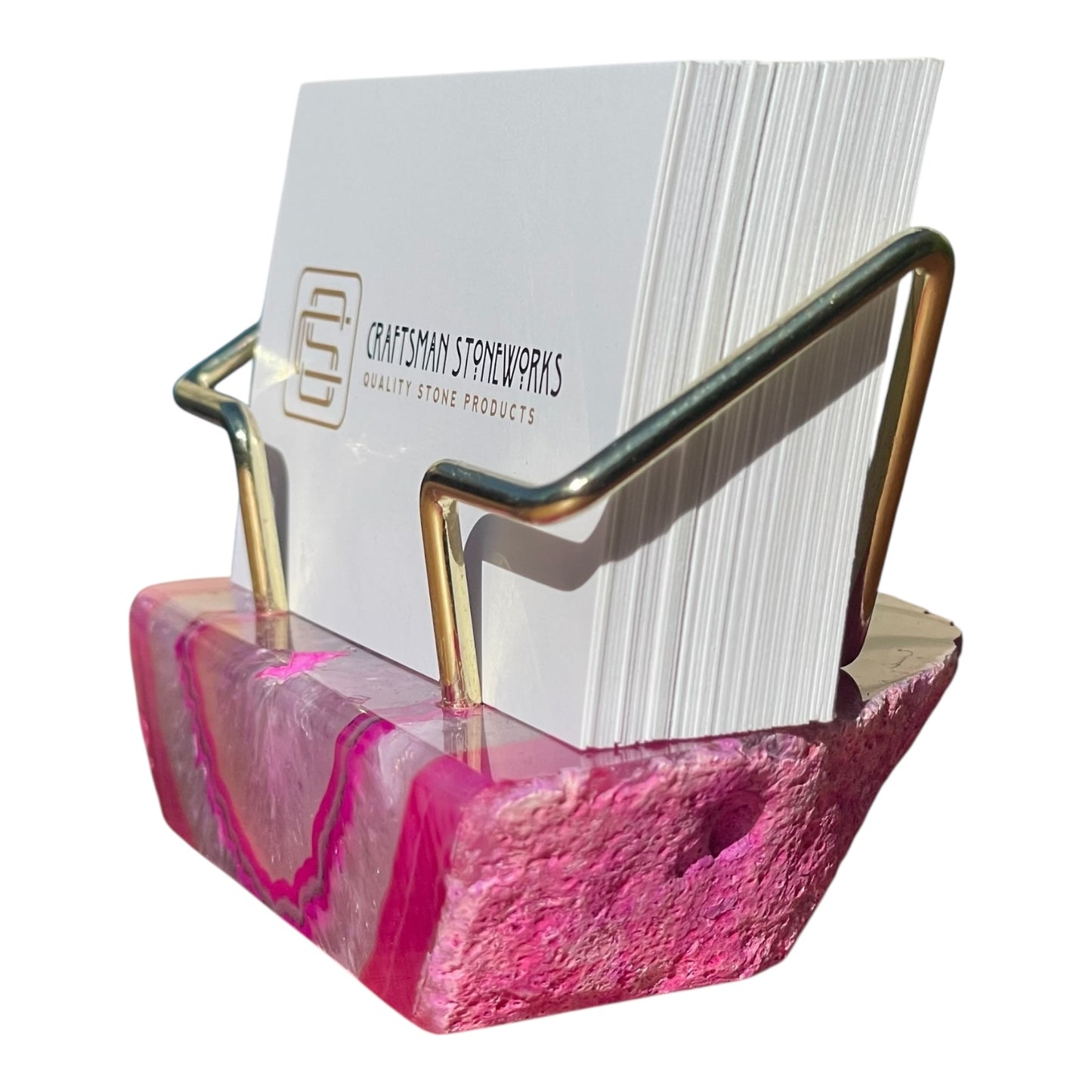 Pink Agate Business Card Holder - Gold Wire Frame