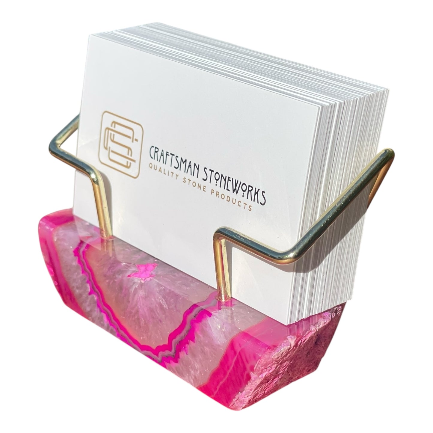 Pink Agate Business Card Holder - Gold Wire Frame