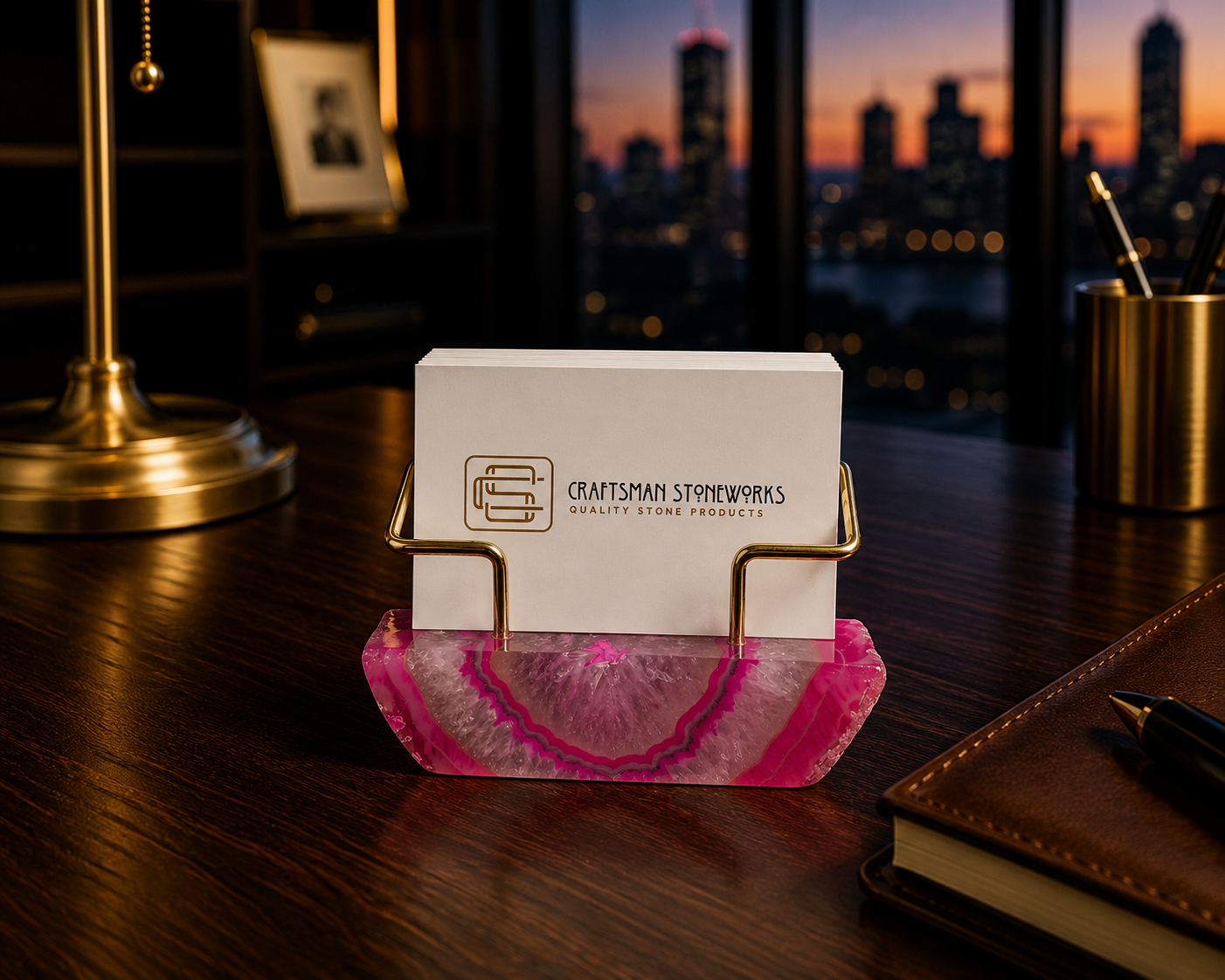 Pink Agate Business Card Holder - Gold Wire Frame