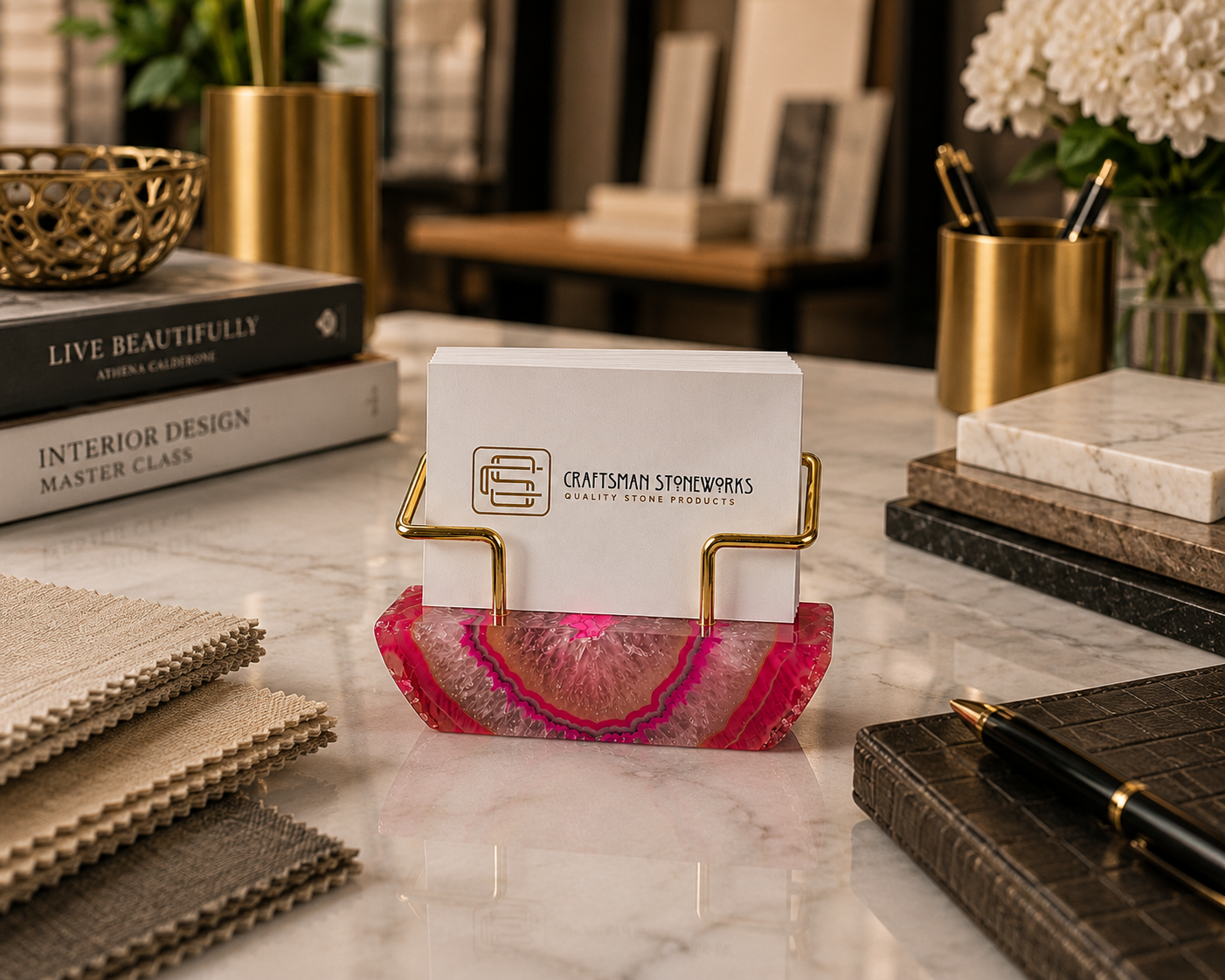 Pink Agate Business Card Holder - Gold Wire Frame