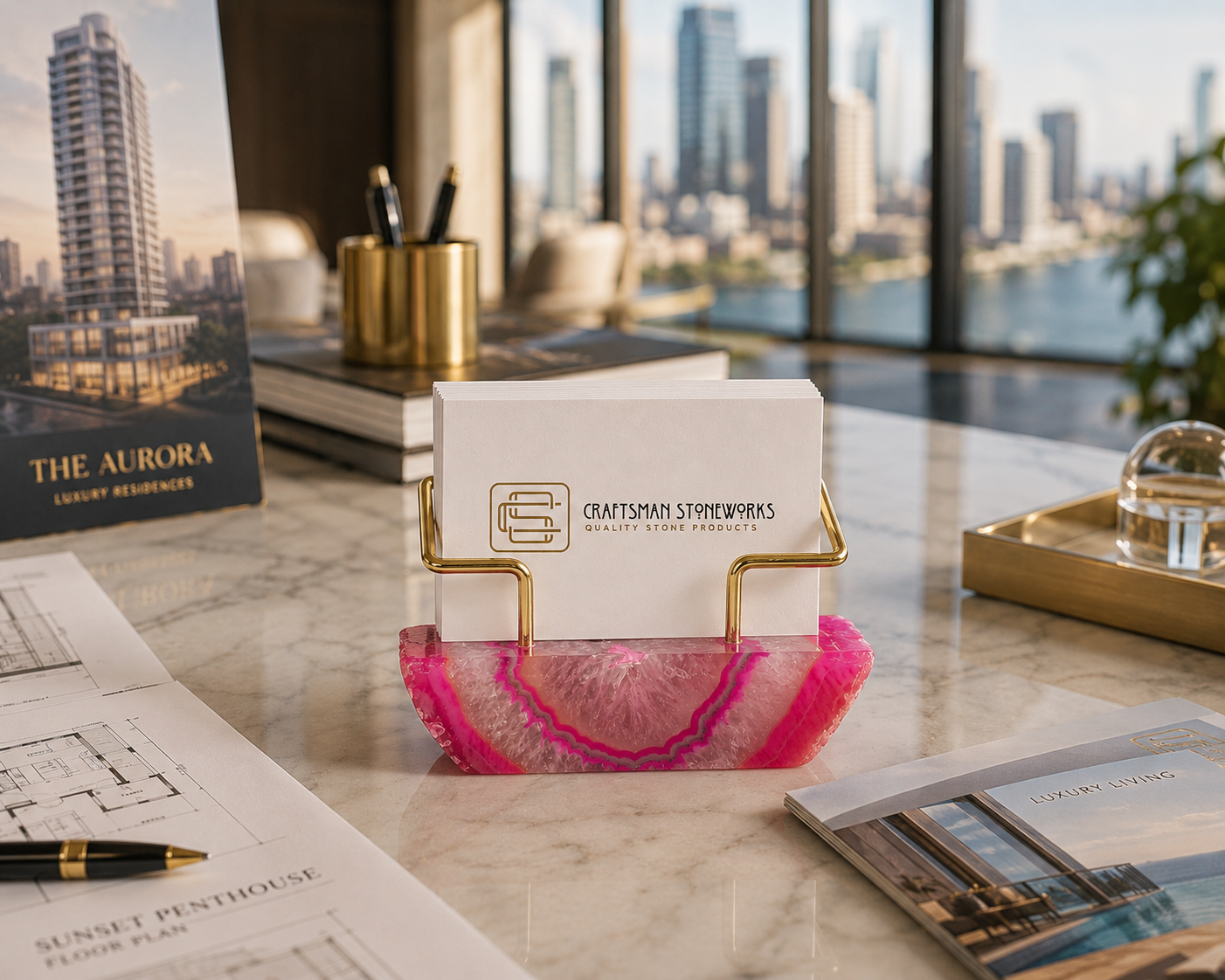 Pink Agate Business Card Holder - Gold Wire Frame