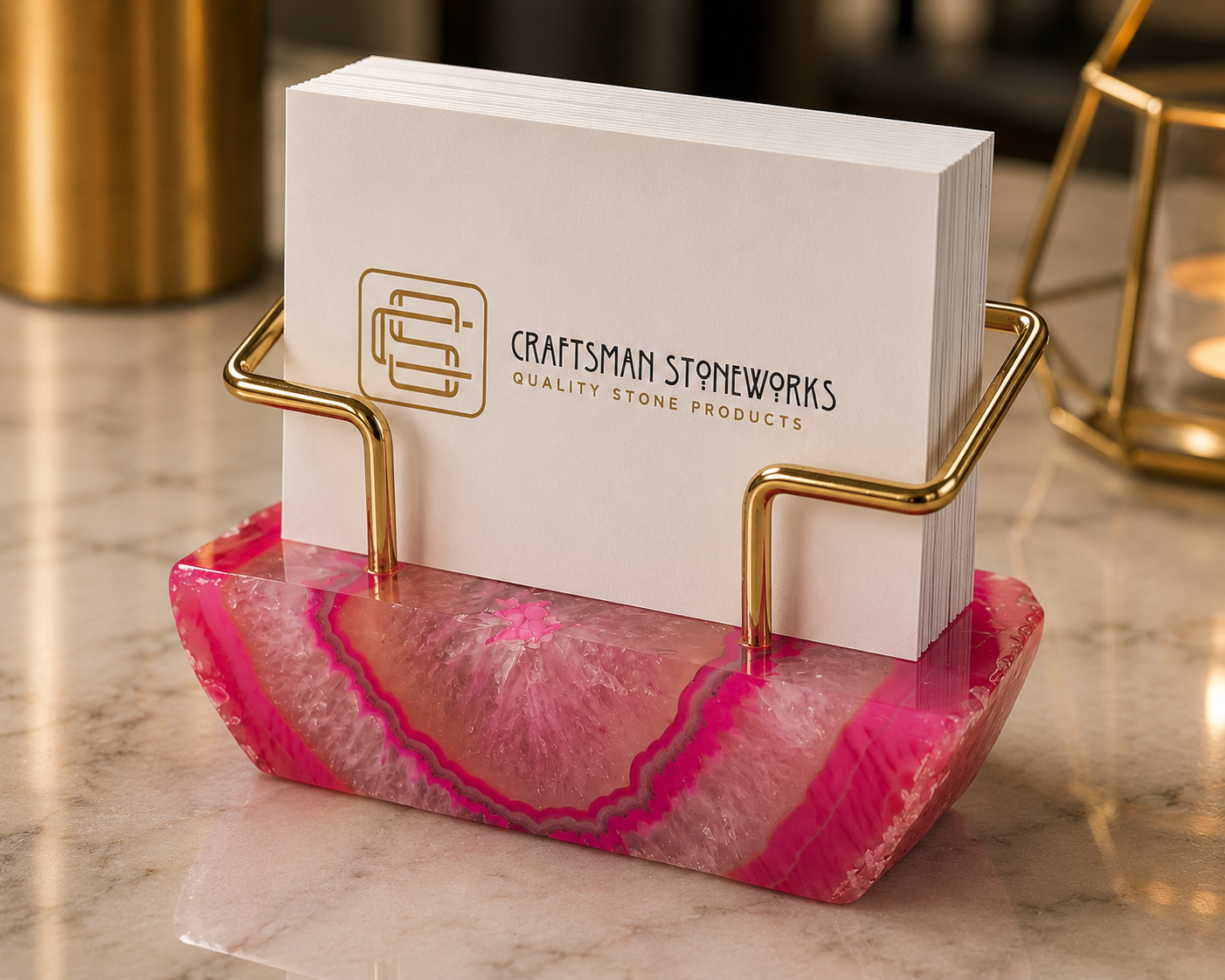 Pink Agate Business Card Holder - Gold Wire Frame