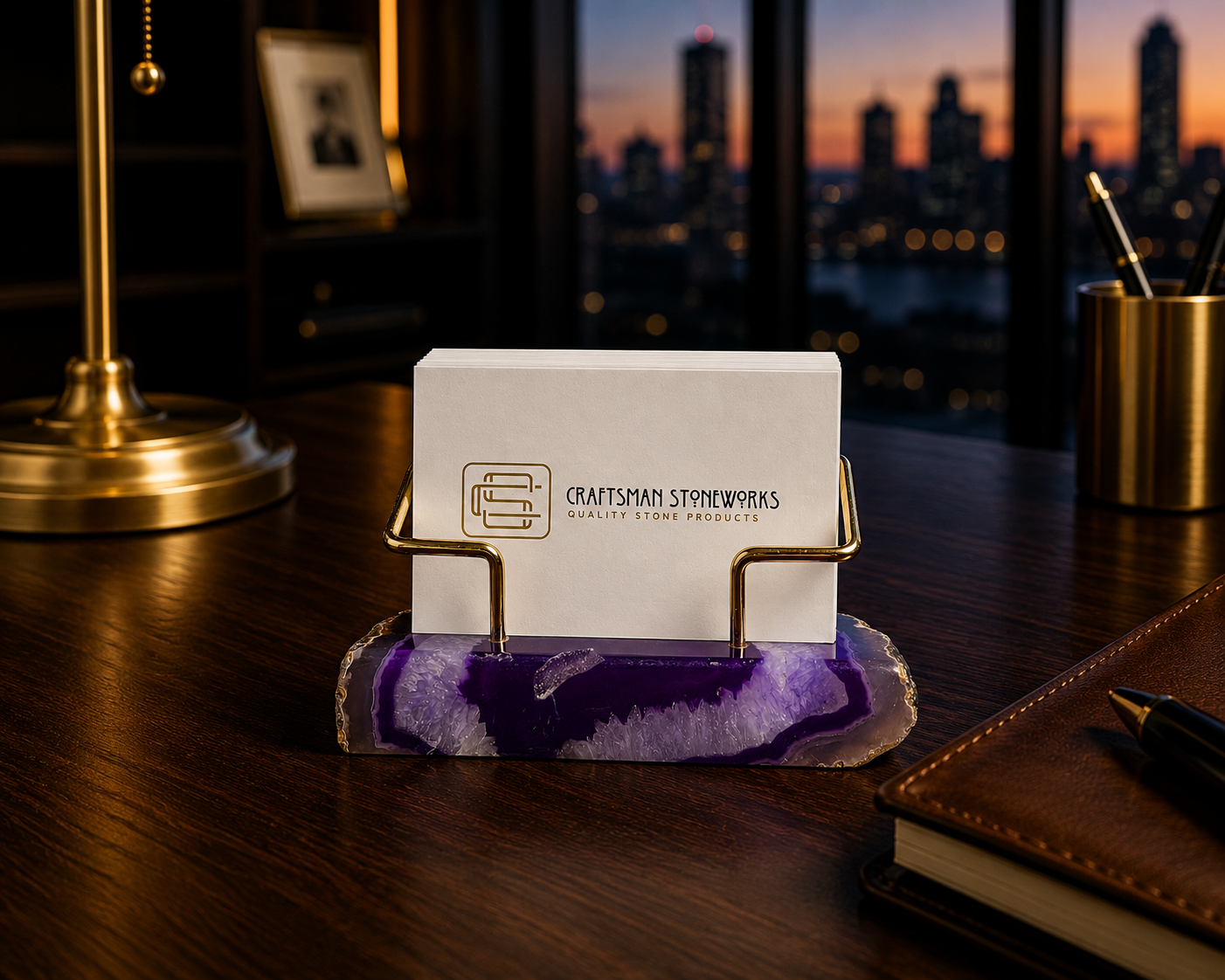 Purple Agate Business Card Holder - Gold Wire Frame