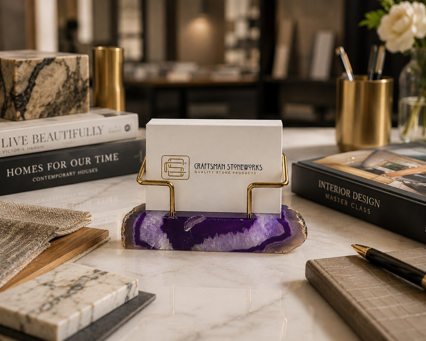 Purple Agate Business Card Holder - Gold Wire Frame