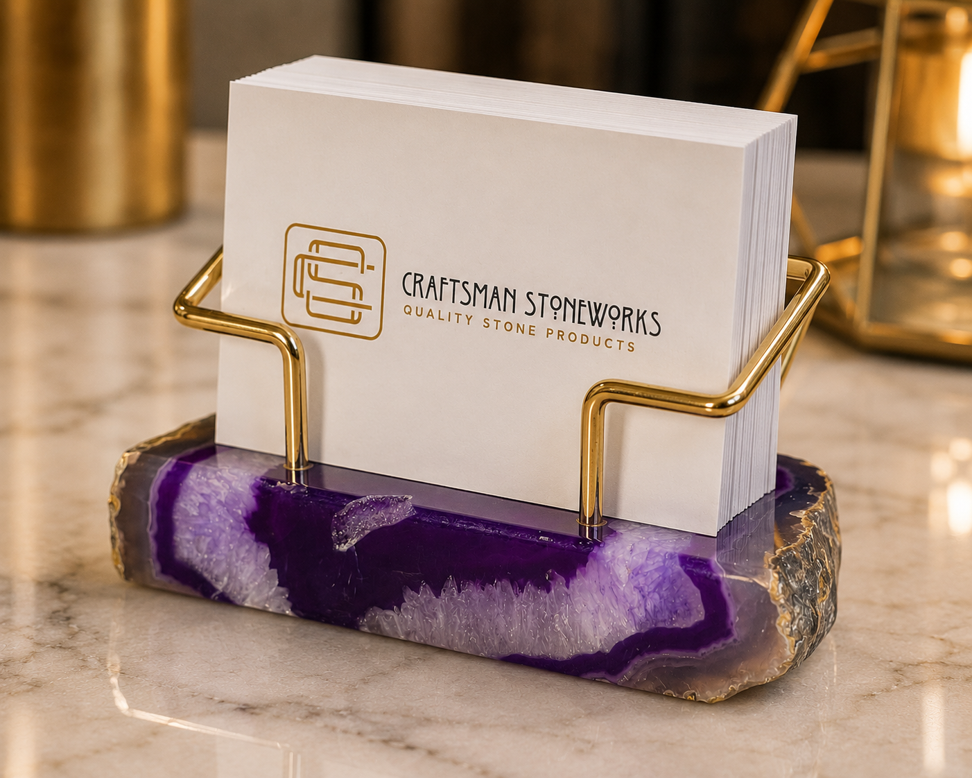 Purple Agate Business Card Holder - Gold Wire Frame