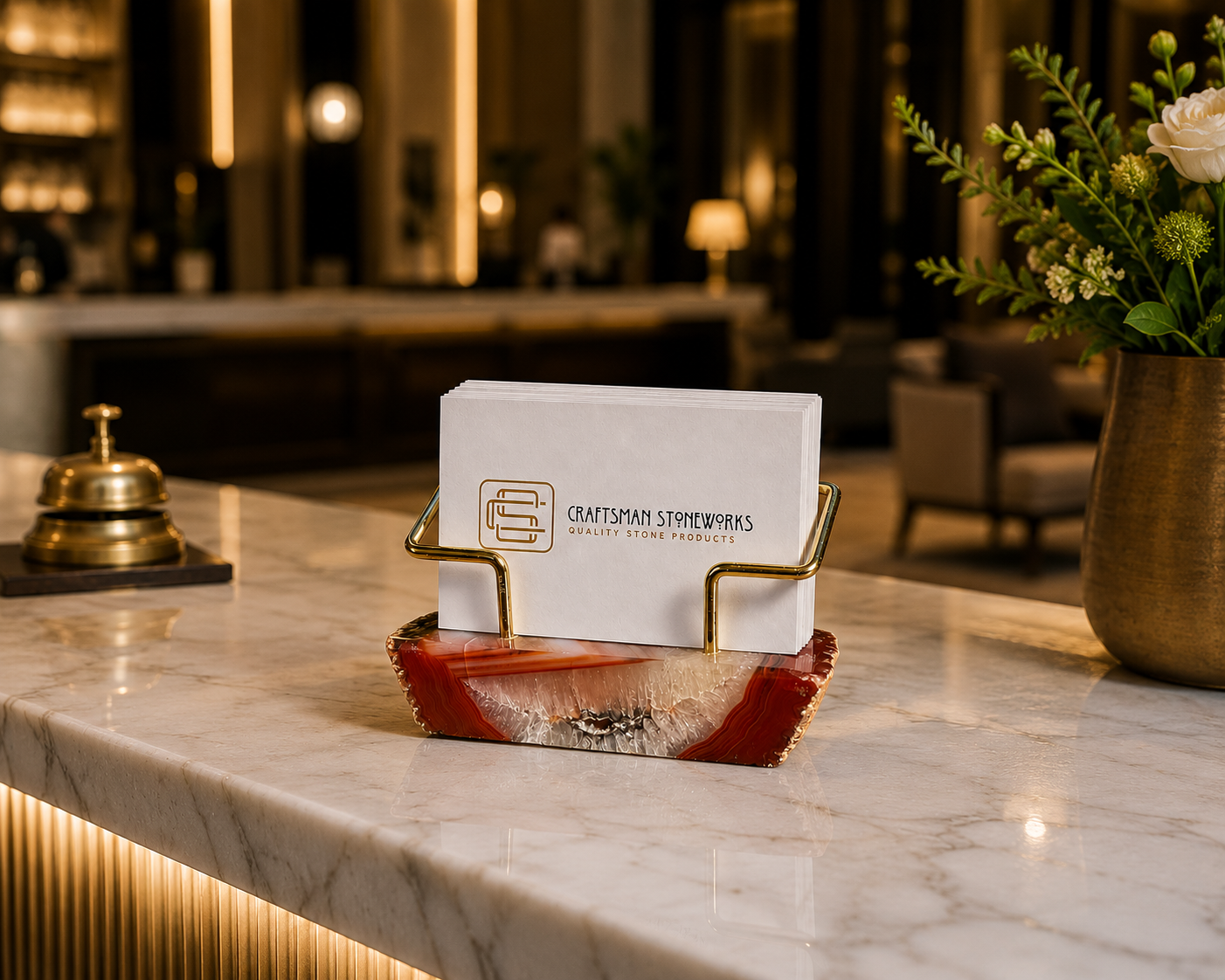 Red Agate Business Card Holder - Gold Wire Frame