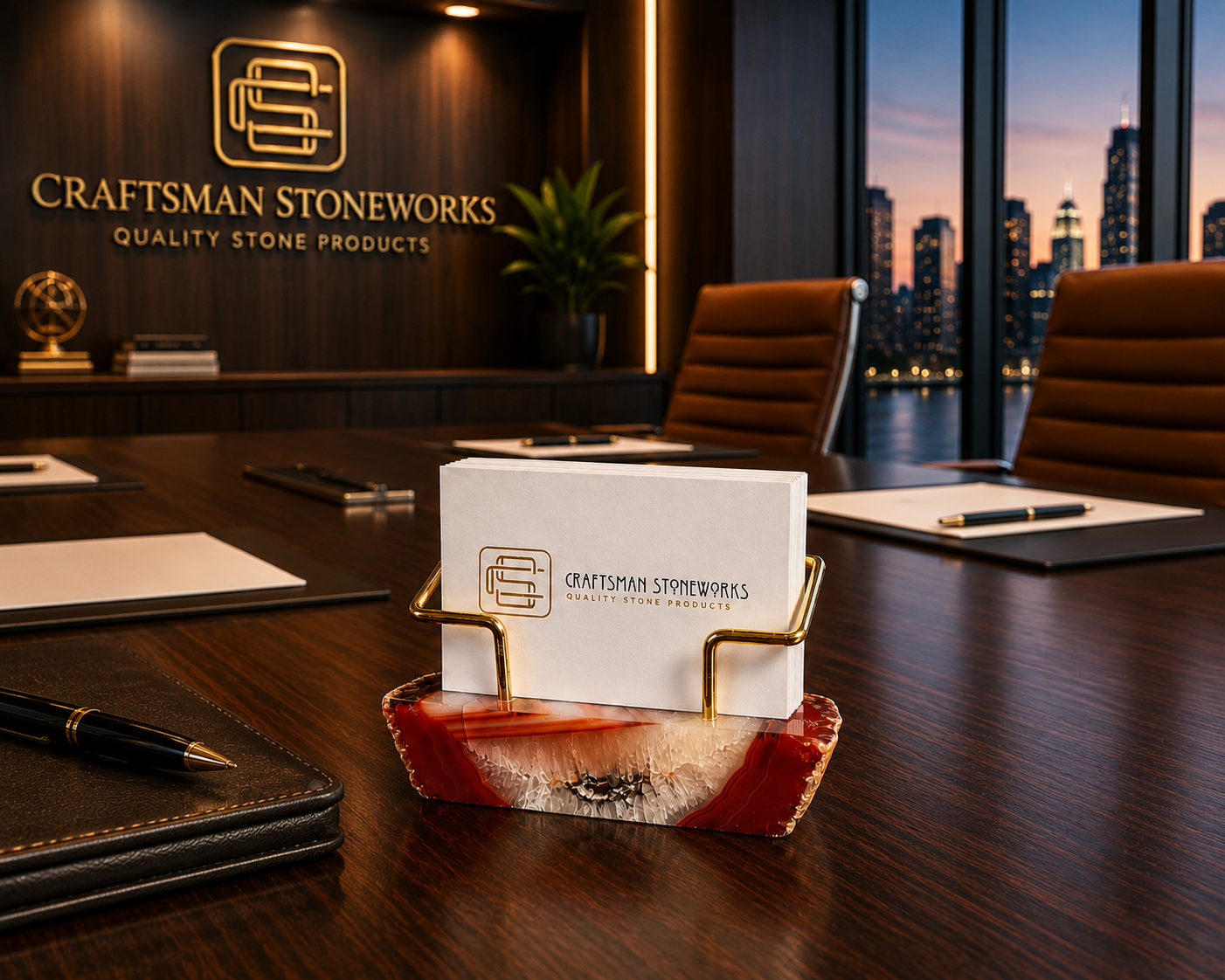 Red Agate Business Card Holder - Gold Wire Frame
