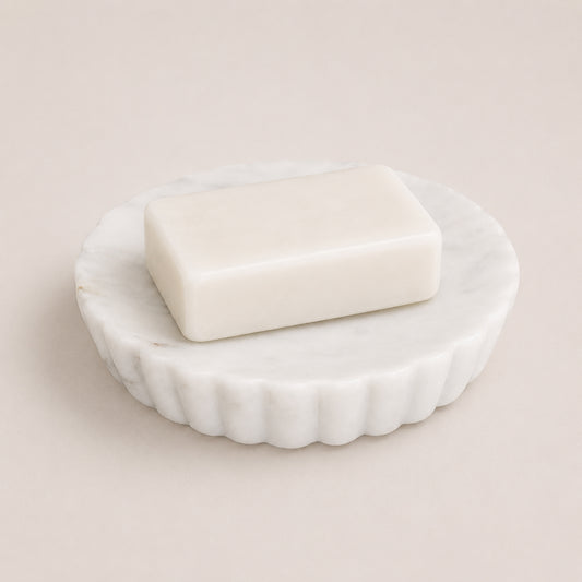 White marble soap dish with grooves