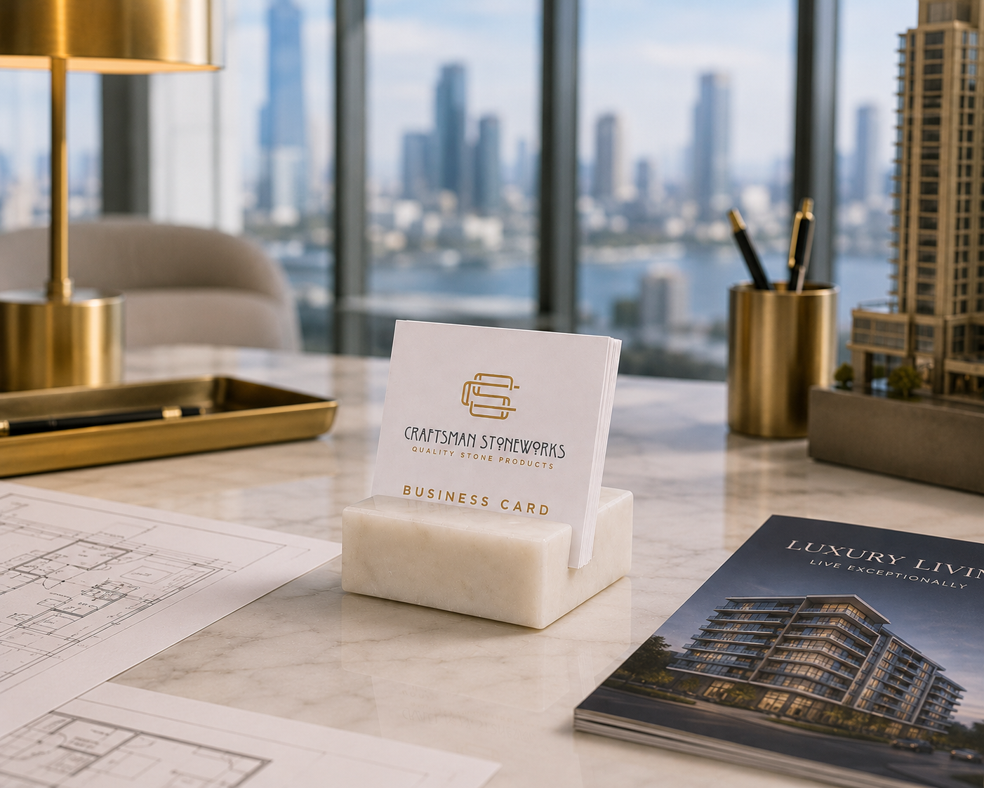 White Carrara Marble Business Card Holder - Square
