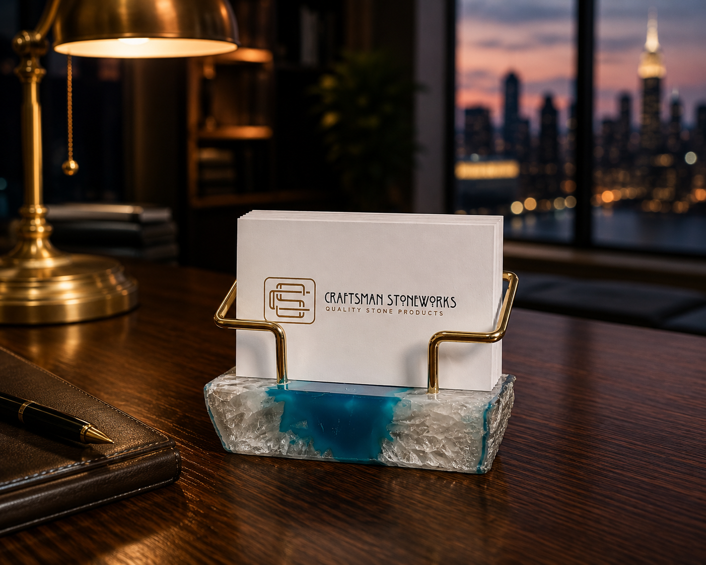 Teal Agate Business Card Holder - Gold Wire Frame