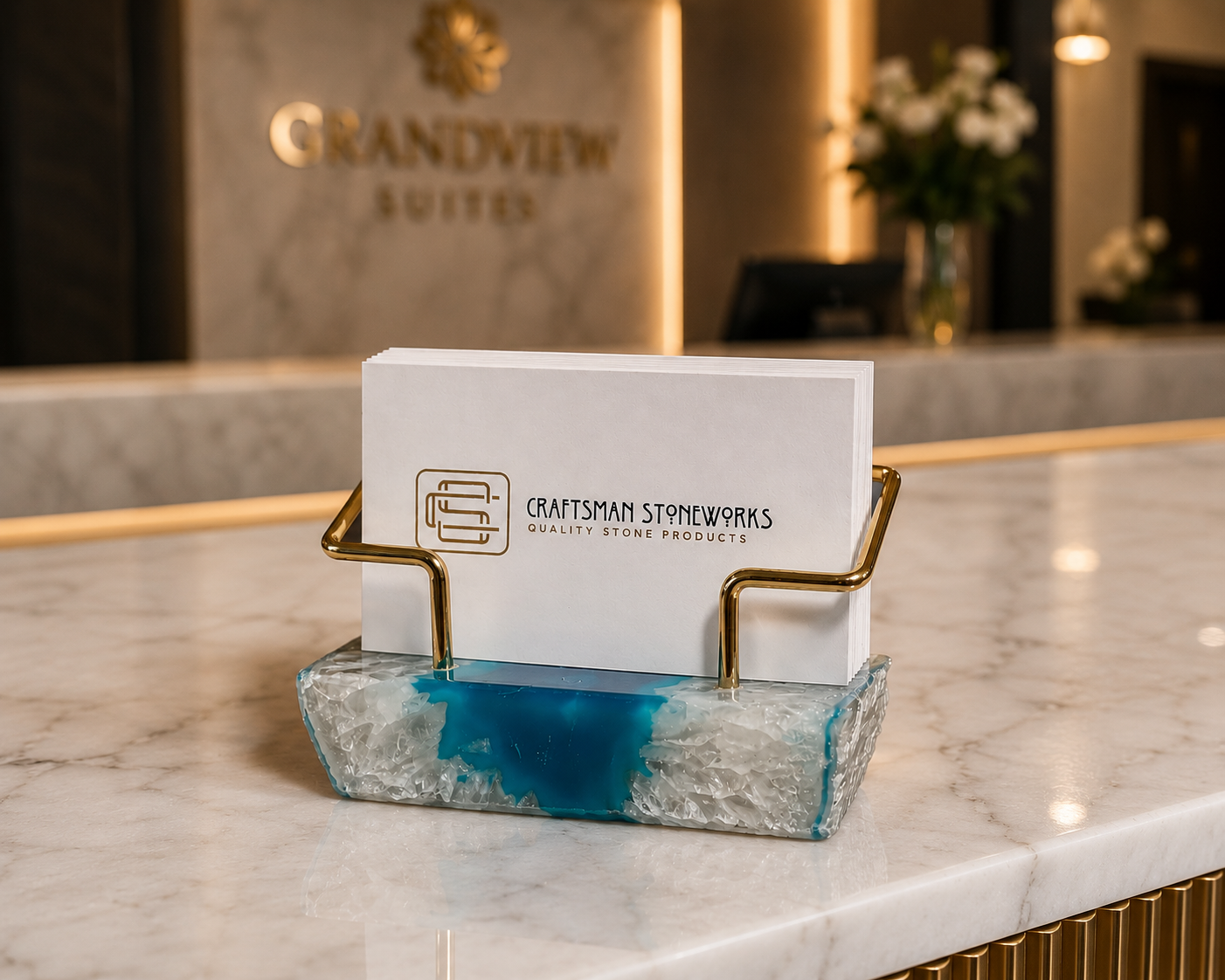 Teal Agate Business Card Holder - Gold Wire Frame
