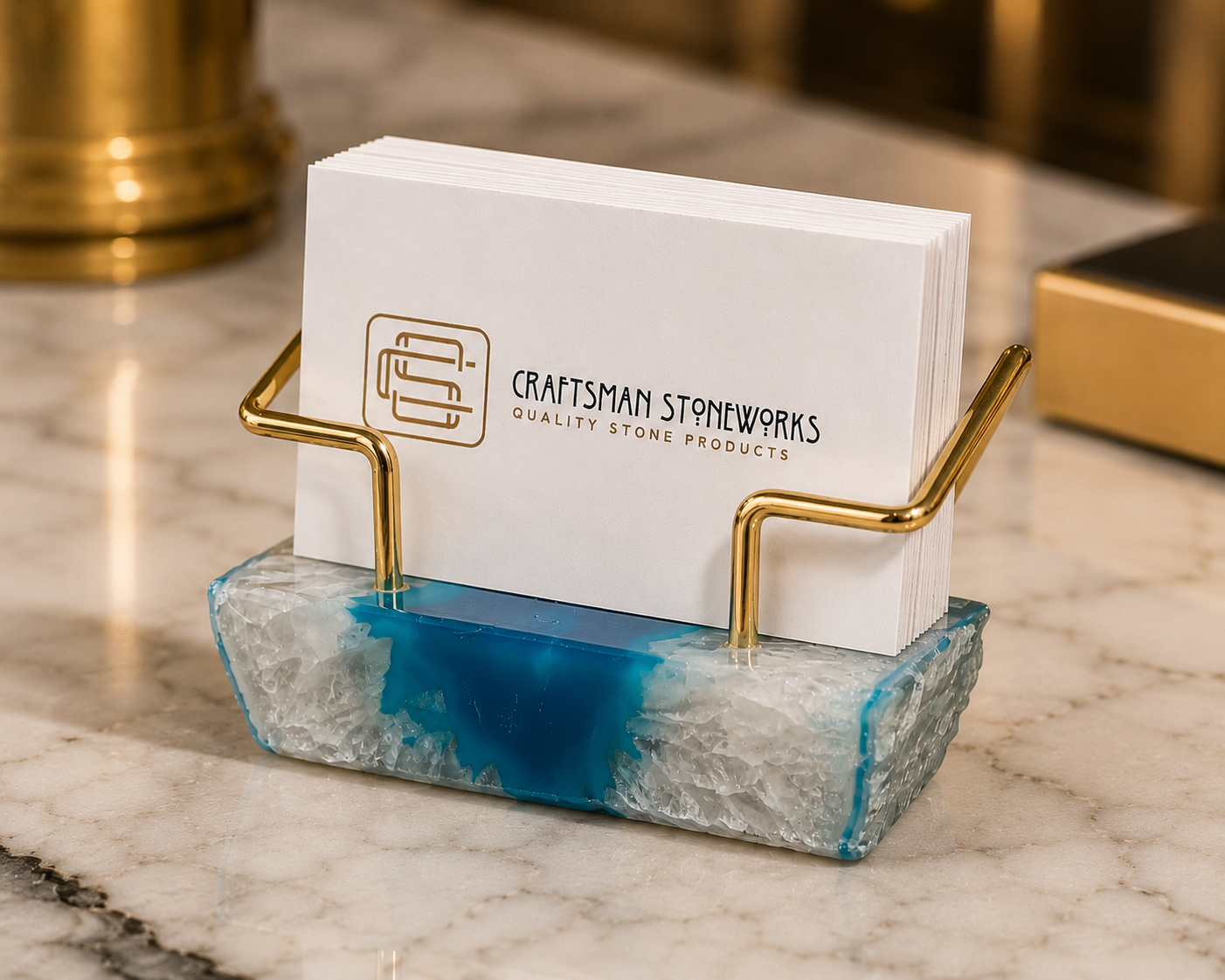 Teal Agate Business Card Holder - Gold Wire Frame