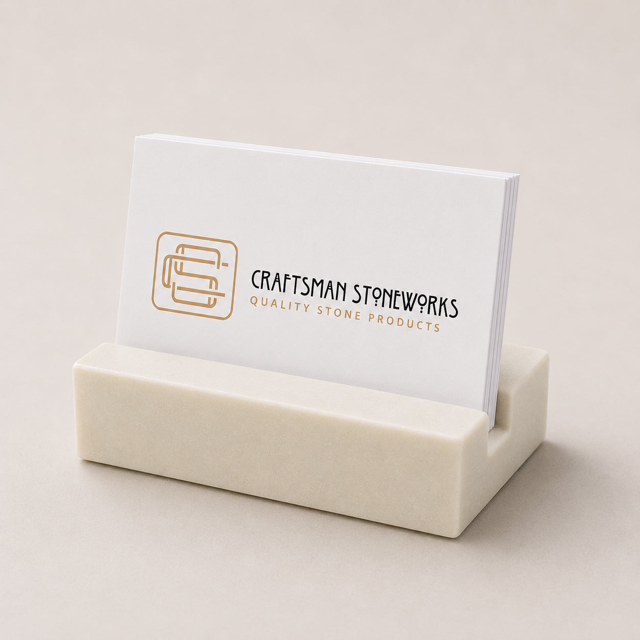 White Quartz business card holder on desk