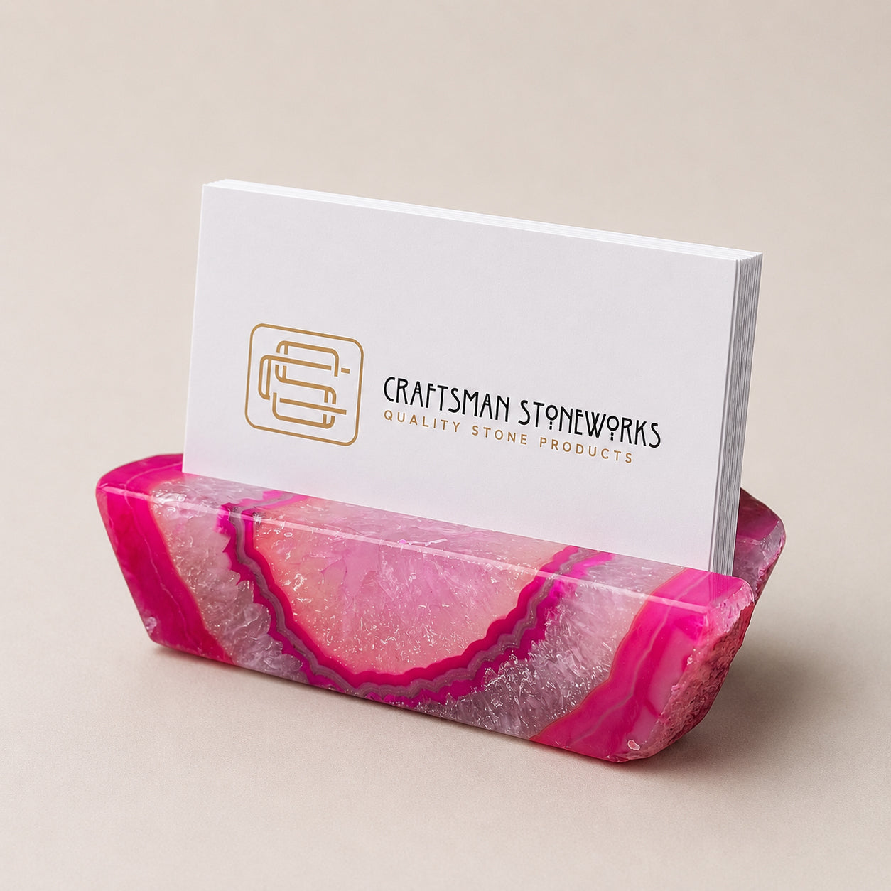 Handcrafted pink agate business card holder