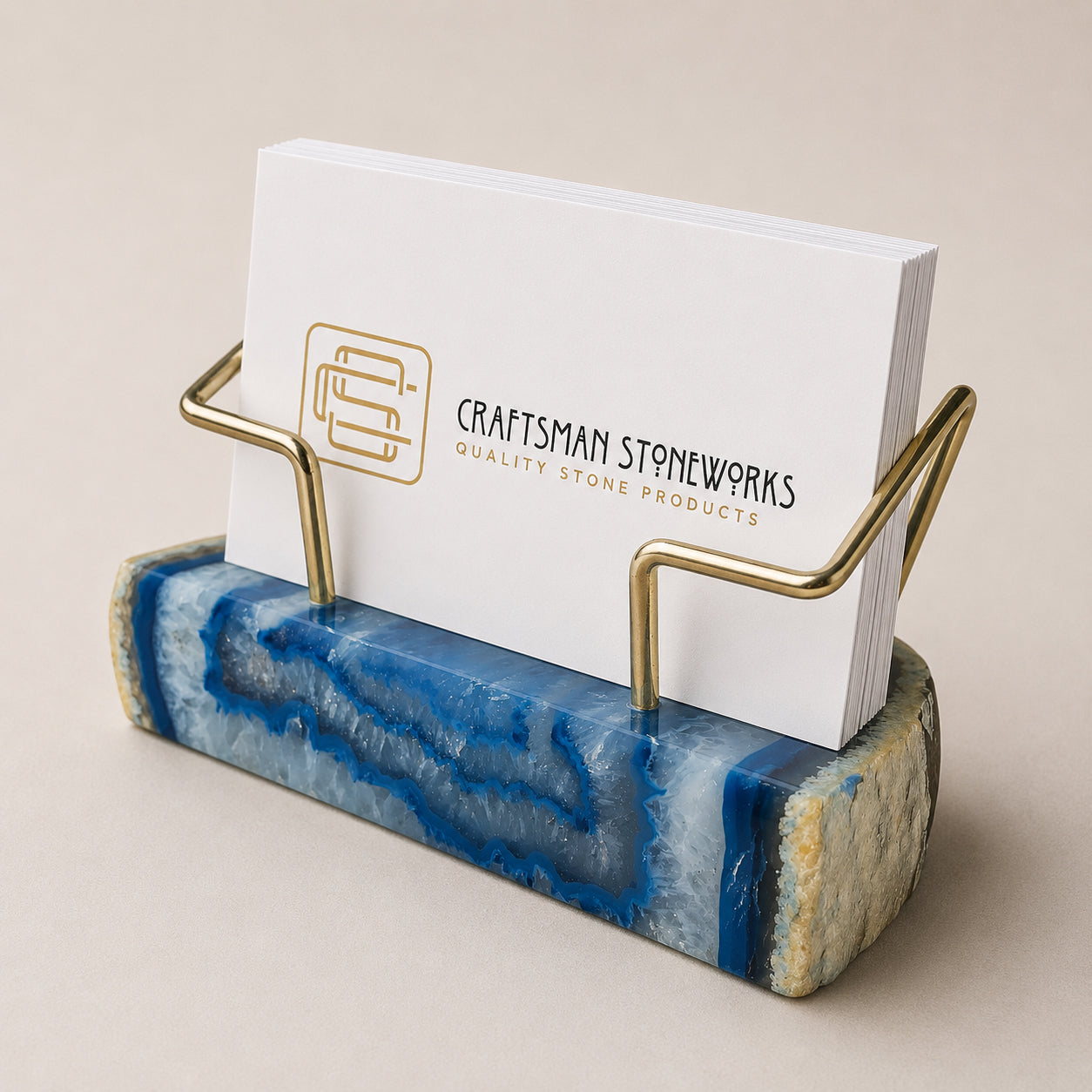 Blue agate business card holder with gold wire frame