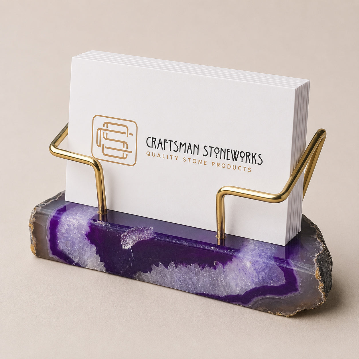 Purple agate business card holder with gold wire frame