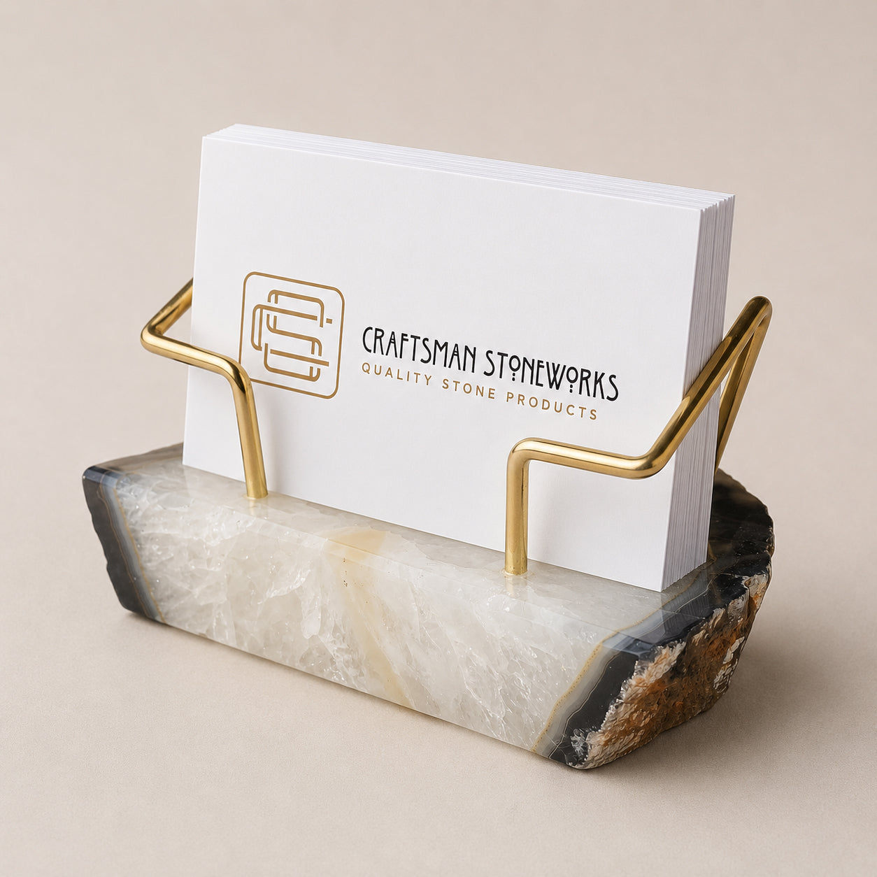 Black agate business card holder with gold wire frame