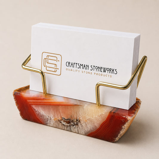 Red agate business card holder with gold wire frame
