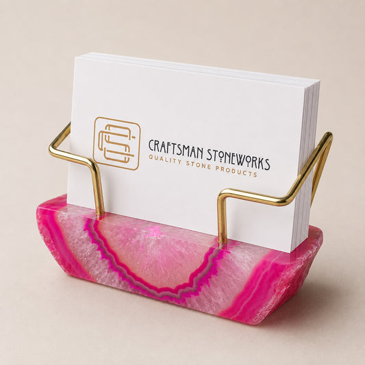 Pink agate business card holder with gold wire frame