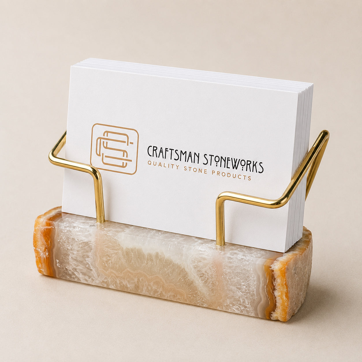 Natural agate business card holder with gold wire frame