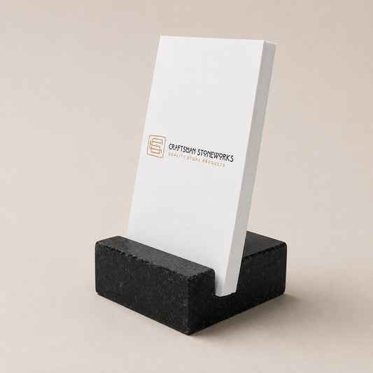 Black Absolute Granite vertical business card holder on desk