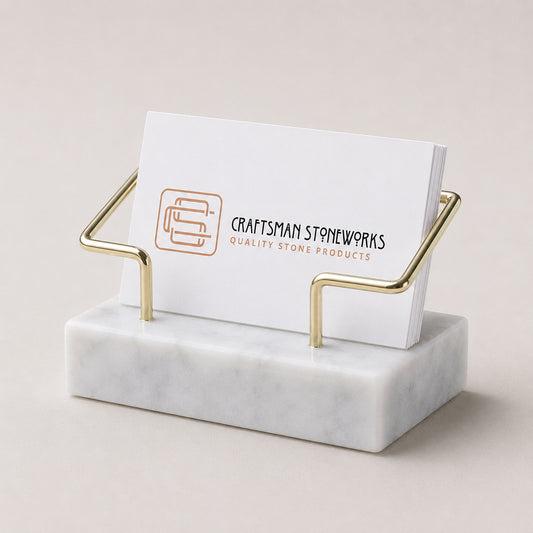 White marble business card holder with gold wire frame