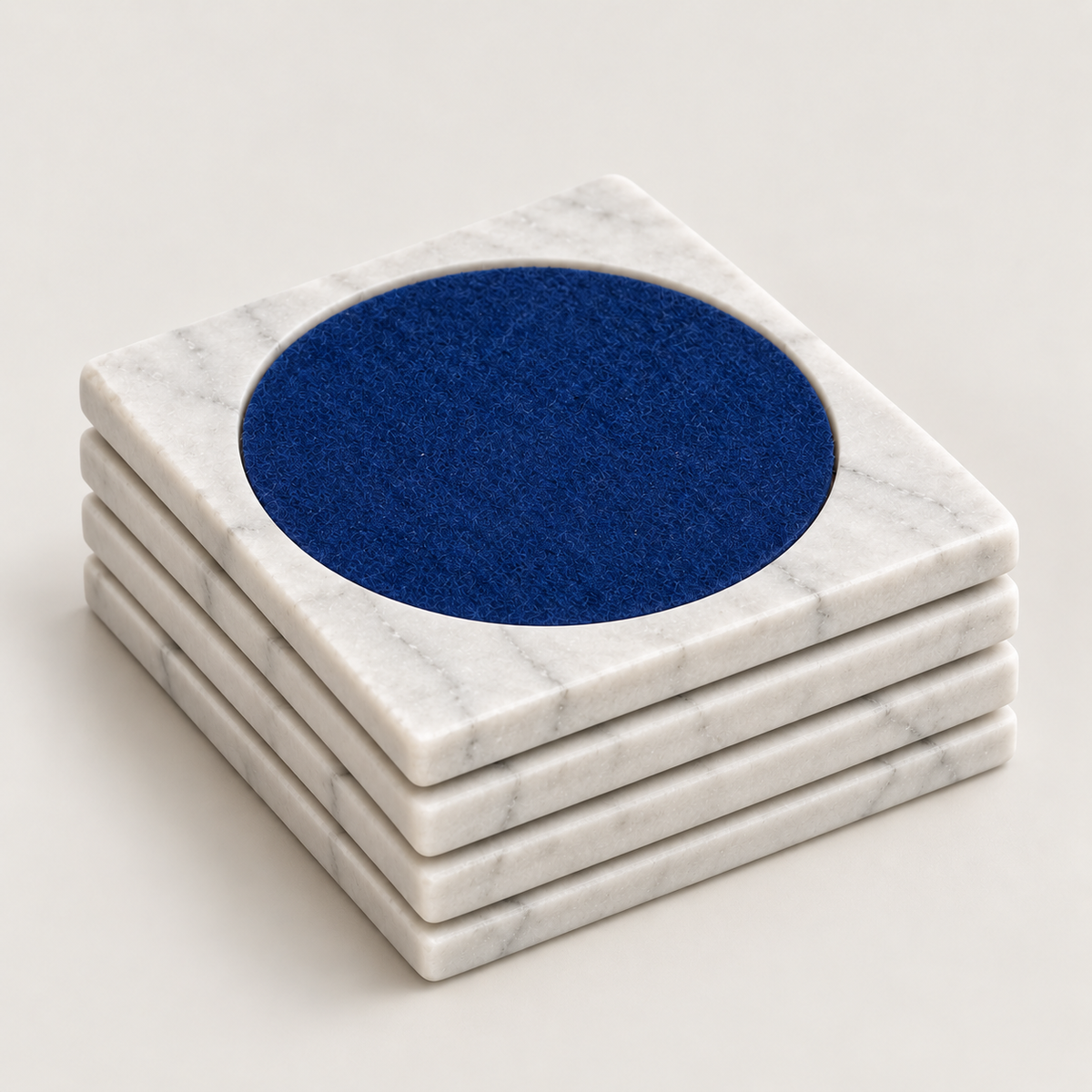 White Carrara Marble & Navy Felt Coasters — Set of 4