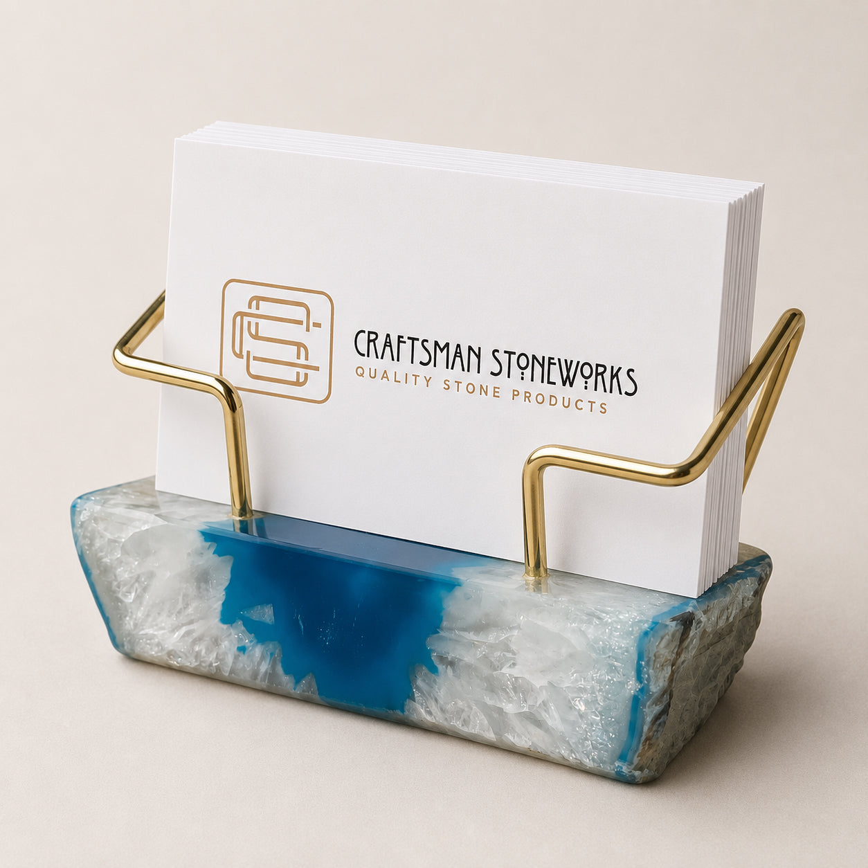 Teal agate business card holder with gold wire frame