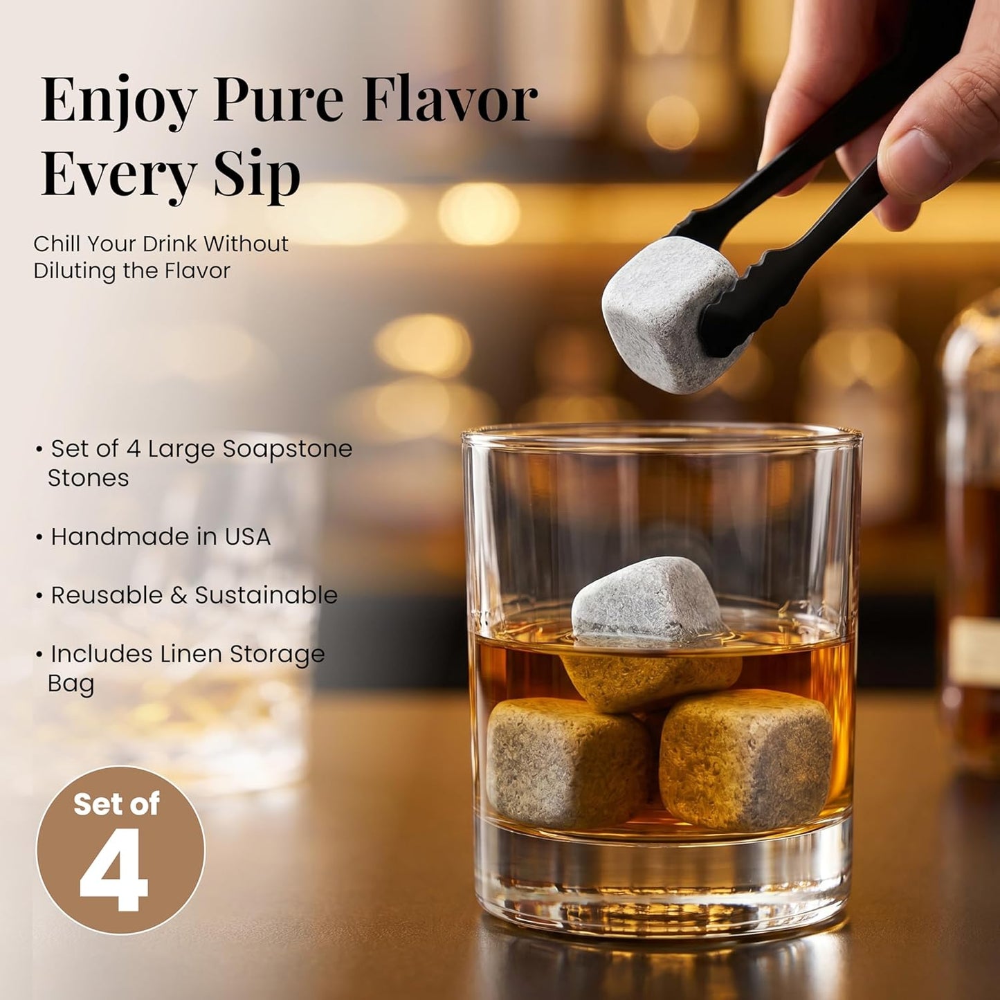 Soapstone whiskey stones set of 4 with linen pouch