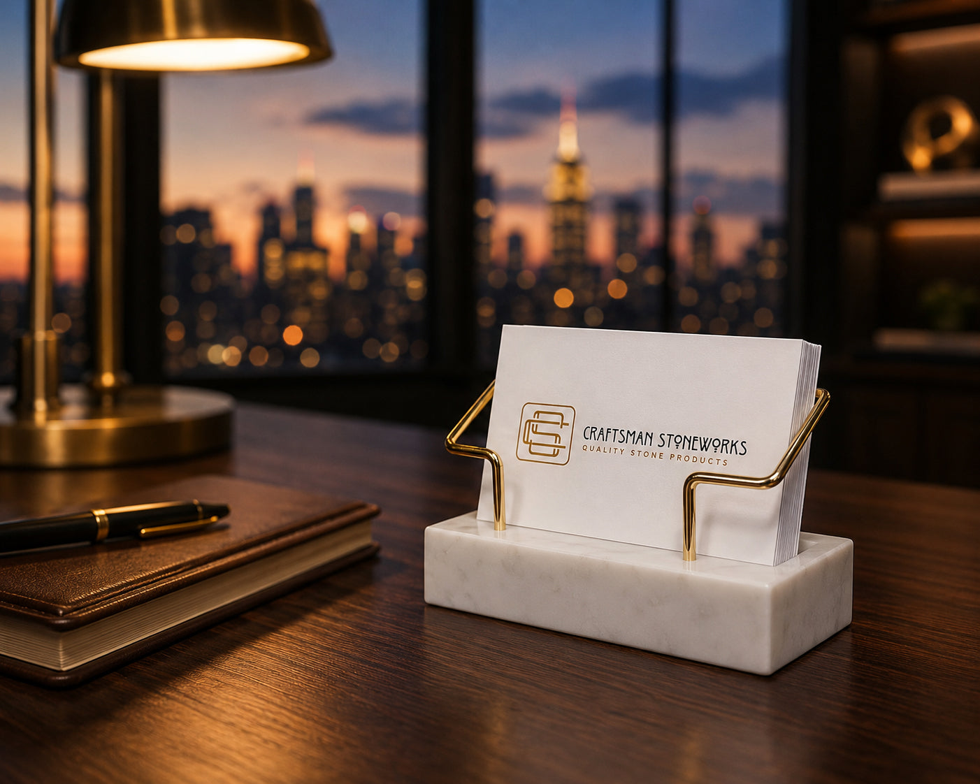 White Marble Business Card Holder with Gold Wire Frame