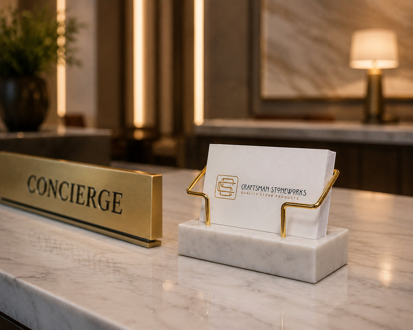 White Marble Business Card Holder with Gold Wire Frame