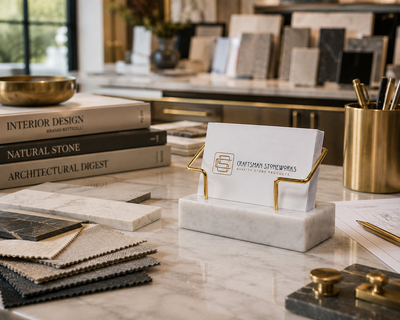 White Marble Business Card Holder with Gold Wire Frame