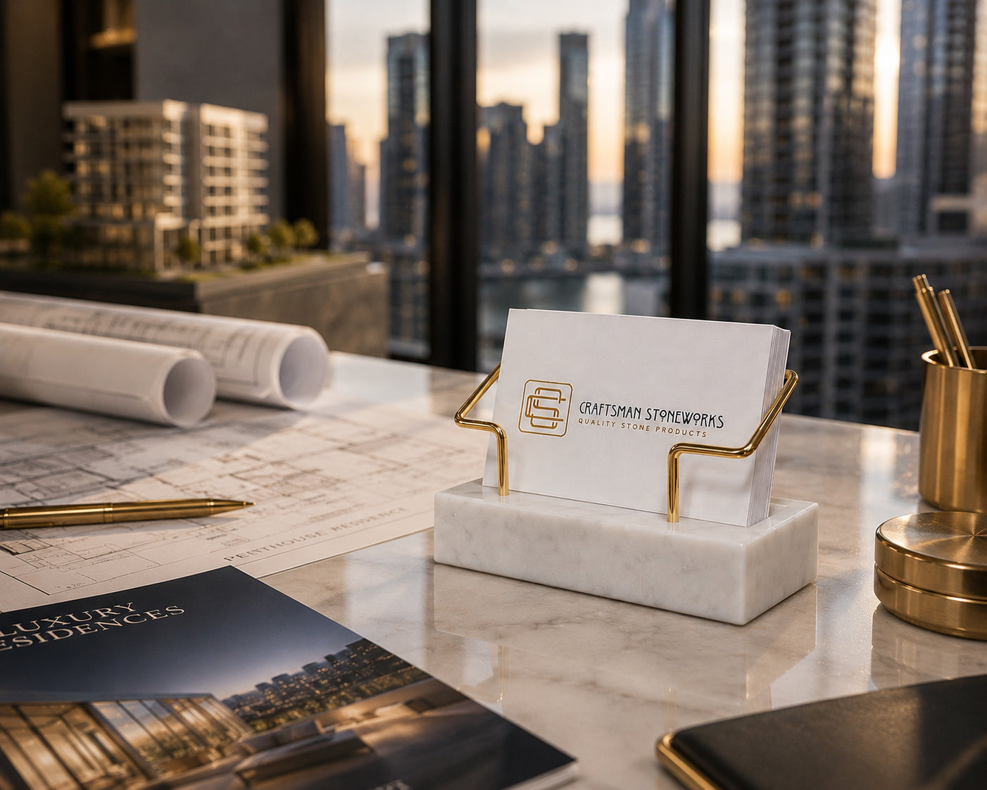 White Marble Business Card Holder with Gold Wire Frame