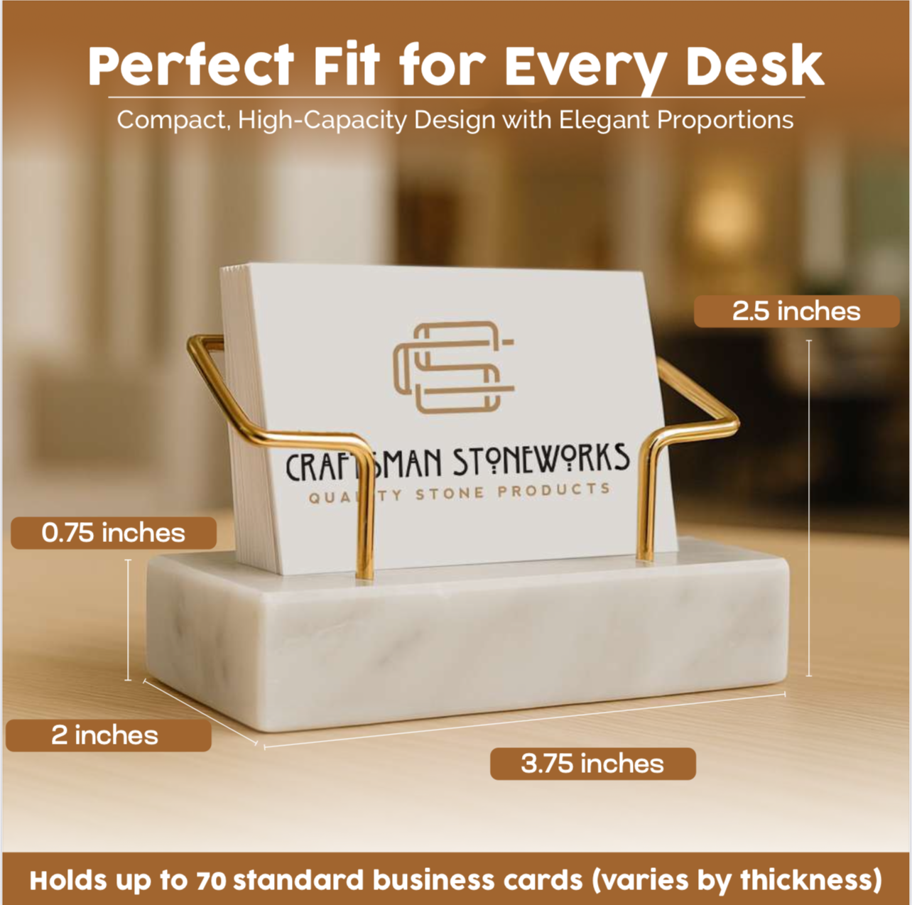 White marble business card holder with gold wire frame