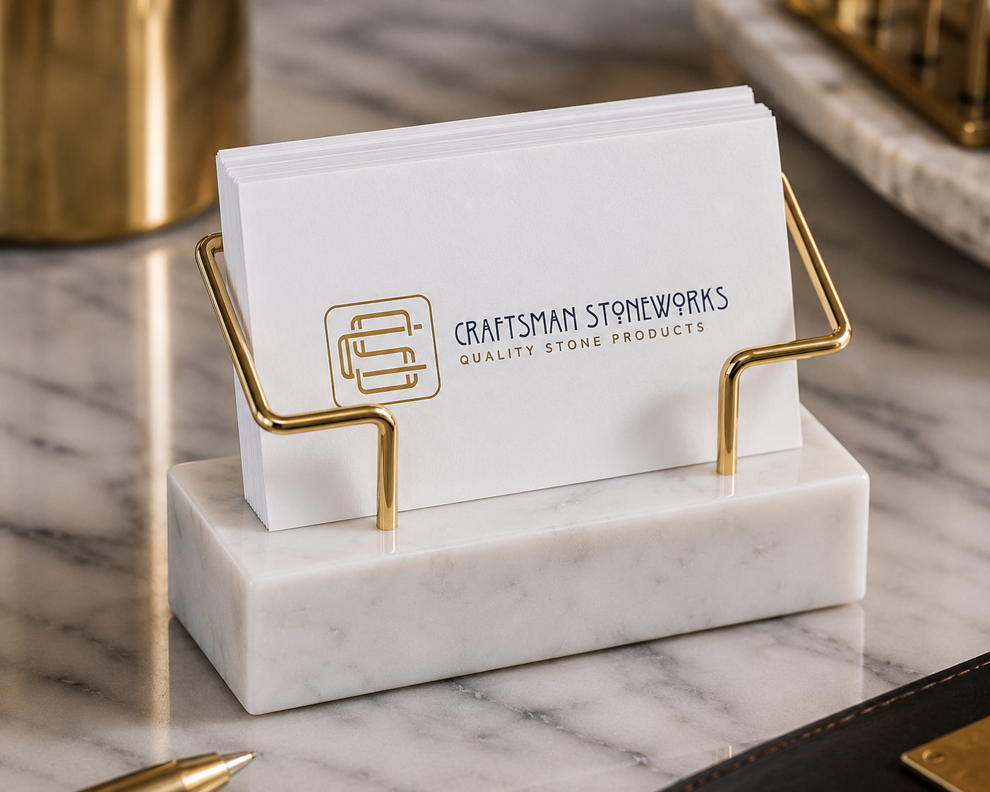 White Marble Business Card Holder with Gold Wire Frame